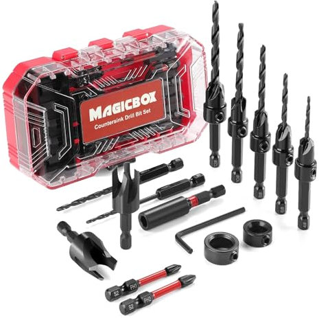 Magicbox M2 Cobalt HSS Countersink Drill Bit Set 15PCS, Tapered Bits+ Magnetic Extension Shaft, Wood Plug Cutters, Depth Stop Collars, PH1/PH2 Screwdriver Bits & Hex Key,Storage Box for Woodworking
