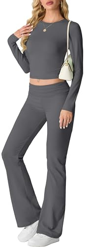 IWOLLENCE Husdräkt för kvinnor, joggingdräkt set, loungeset, 2 delar, sportdräkt för kvinnor, Y2K outfit, hemmakläder med crop top och utsvängda byxor, Mörkgrå, XS