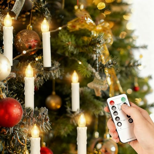 Lot de 30 bougies de sapin de Noël, alimentées par piles, minuterie de 6 h, 5 niveaux de lumière et 4 modes, bougies étanches sans flamme de 15,2 cm, pour sapin de Noël, dîner, fête d'anniversaire