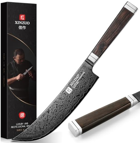 XINZUO Acero de Damasco 19cm Cuchillo de Trinchar de Cocina -Recubrimiento de Titanio Negro -Afilado Forjado Cuchillo Fileteador de Cocinero Profesional -Mango de Madera de Ébano -con Caja de Regalo