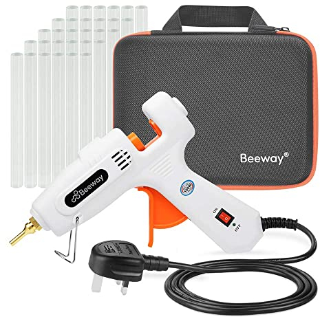 BEEWAY Hot Glue Gun 100W - inc. 30 Pack 11.2mm x 150mm Glue Sticks, Extra Long Copper Nozzle, Compact Storage Carrying Case - Professional