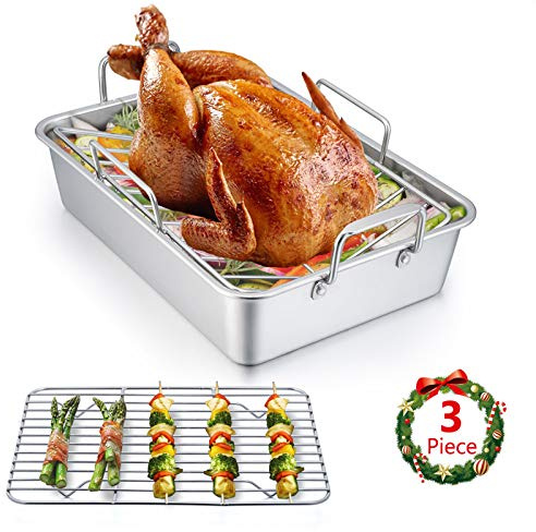 E-far 14 x 10.6 Inch Roasting Pan, Stainless Steel Turkey Roaster with V Rack & Baking Rack Set, Small Heavy Duty Deep Broiling Pan for Oven Cooking Lasagna Meat Chicken - Dishwasher Safe