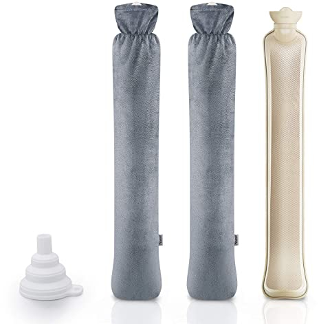 Grande Bouillotte 2L, Bouillotte Eau Chaude Longue avec 2 Housses en Peluche Super Douces, avec Entonnoir Pliable pour Enfants, Cou, épaule, Abdomen, Réchauffement de l'hiver – 73 cm