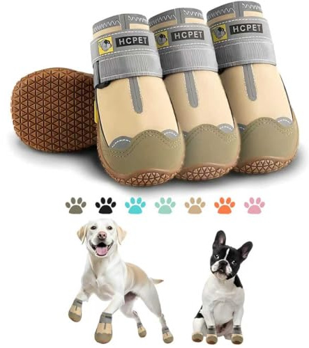 Hcpet Dog Shoes for Dogs, Dog Booties for Dogs, Anti-Slip Dog Boots & Paw Protectors for Hot Pavement Winter Snow Hiking with Reflective Straps Khaki Size 6, 4PCS