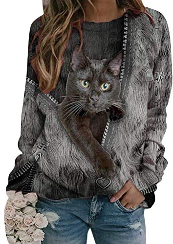 Onsoyours Femmes Pull Chat 3D Imprimé Sweatshirt Top Manches Longues Rayé Noir Casual Col Rond T-Shirt Grande Taille Blouse