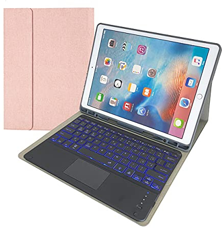 Bueuwe Tastatur Hülle für iPad Pro 12.9 2015/2017 (1./2. Generation), Deutsches QWERTZ-Layout, 7-Farbige Tastatur mit Hintergrundbeleuchtung Und Touchpad, PU-Ledertasche mit Stifthalter,Rosa
