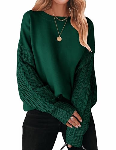 ZESICA Women's 2025 Fall Long Sleeve Crew Neck Solid Color Cable Knit Chunky Casual Oversized Pullover Sweater Tops Forest Green Large