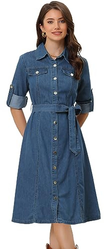Allegra K Vestido Camisero Mezclilla Mujer con Botones de Manga Larga Vestido Vaquera con Cinturón Clásico Jean Azul M