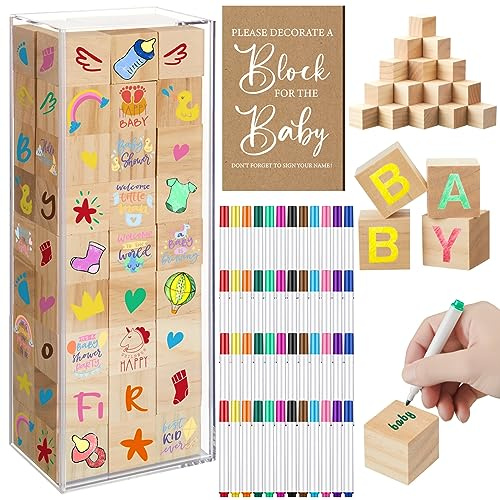 Tenceur 104 Pcs Baby Shower Game Sign Set Baby Shower Blocks to Decorate 54 DIY Blank Wooden Block 48 Watercolor Markers with Acrylic Box Set for Games Gender Reveals Party Supplies