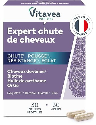 Vitavea - Complément Alimentaire Cheveux - Anrti Chute - Triple action : Pousse, Résistance, Éclat - Biotine, Zinc, Myrtille - Femmes et Hommes - 30 gélules - 1 mois - Fabriqué en France