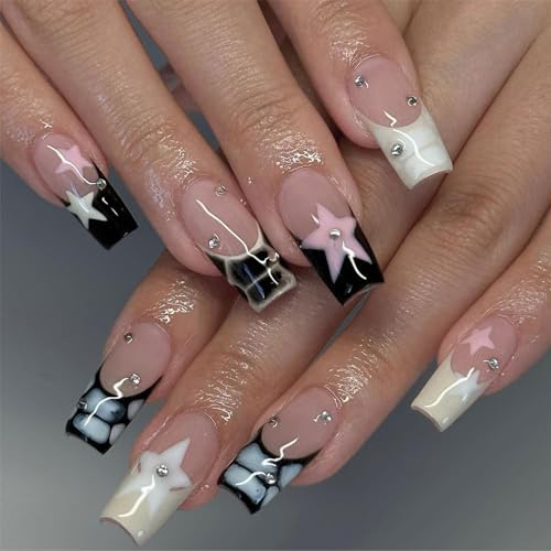 Lilbitty 24 Stück nackte French-Nägel zum Aufdrücken mittellanger quadratischer künstlicher Acrylnägel mit Sternen-Strasssteinen-Design, vollständige Abdeckung