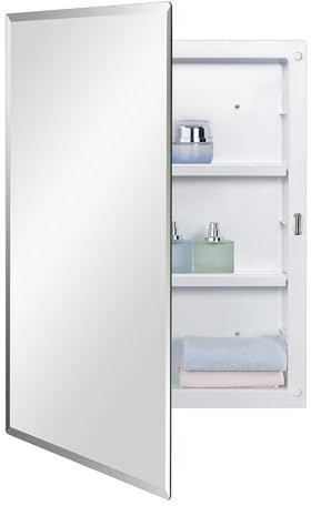 IDYLLOR Plastic Bathroom Medicine Mirror Cabinet 16 x 22 inch, Surface and Recessed Mount, Beveled Edge Mirror