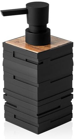 YAUKPH Matte Black Teak Wood Hand Soap Dispenser 10 oz Square for Bathroom and Kitchen Countertops
