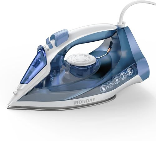 IRONDAY Steam Iron for Clothes Fast Heating, 1200W Iron with Non-Stick Ceramic Soleplate, Self-Cleaning, Burst of Steam, Spray Mist, 7.03oz Water Tank Ironing Clothes for Home, Blue