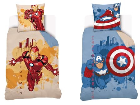 Marvel Captain America and Iron Man Reversible Duvet Cover 140 x 200 cm 100% Cotton Blue and Yellow