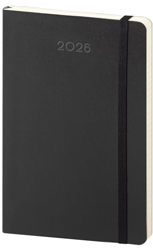 Agenda hebdomadaire 2026, 9 x 14 cm, couverture flexible noire, 150 pages, intérieur ivoire avec poche et autocollants