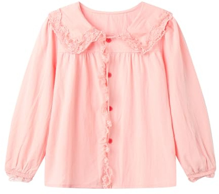 Mud Kingdom Camicia da bambina con colletto alla Peter Pan e pizzo a maniche lunghe uniforme scolastica in cotone, rosa, 6 anni