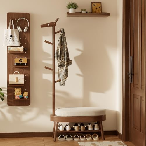 AQIMUELE Entryway Shoe Rack with Coat Rack, Wooden Shoe Bench with Upholstered Cushion, 3-in-1, 2-Tier Shoe Storage and Cute Animal Hooks for Entryway, Hallway, Closet (Walnut 32.2)