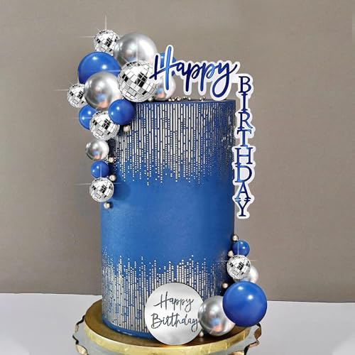 Décoration Gâteau Disco 21 Pièces Decoration de Gateau Happy Birthday, Bleu Argent Cake Topper Balls Deco Gateau Anniversaire para Disco Party, Fête à Thème