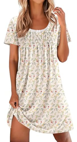 Ekouaer Nightgowns for Women Pleated Sleep Shirts Short Sleeve Night Shirts Lace Trim Night Gown Ladies Sleep Dress
