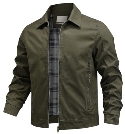 Allthemen Blouson Homme Casual Business Transition Veste en Coton Zippée Bomber de Couleur Uni Jacket Vert XL