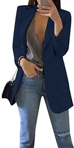Yming Frauen Anzüge Bolero Einfarbig Mit Taschen Business Vorne Jacke Frühling Vintage Mantel Navy Blau 3XL