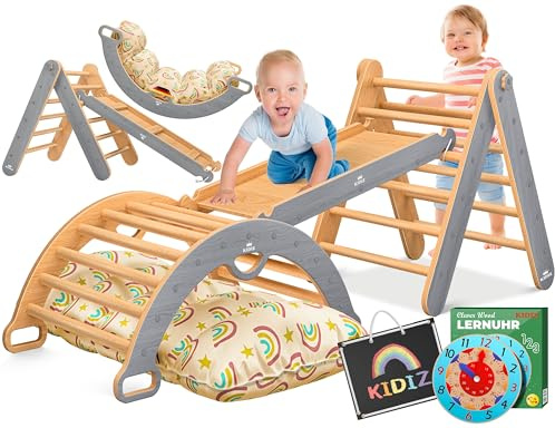 Kidiz® Ensemble de jeu Montessori 7en1 avec structure d’escalade, arc à grimper, toboggan, triangle d’escalade en bois avec coussins, tableau et horloge éducative | Aire de jeux intérieure pour les