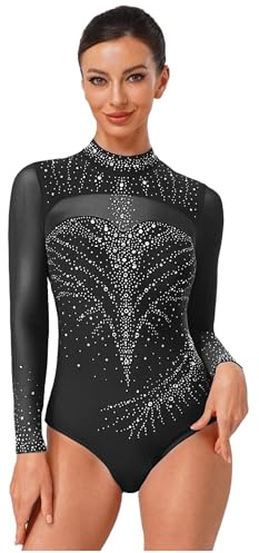 Oyolan Femme Justaucorps Gymnastique Strass Manches Longues Combinaison Body Danse Classique Leotard Patinage Artistique Bodysuit S-XXL