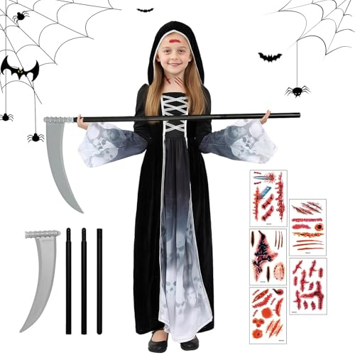 Halloween Costume Mietitore Bambina, Vestito Halloween Bambina Scheletro, Costume Halloween Morte con Falce Adesivi Insanguinati, Costumi Grim Reaper Bambini per Halloween Carnevale Cosplay (L)