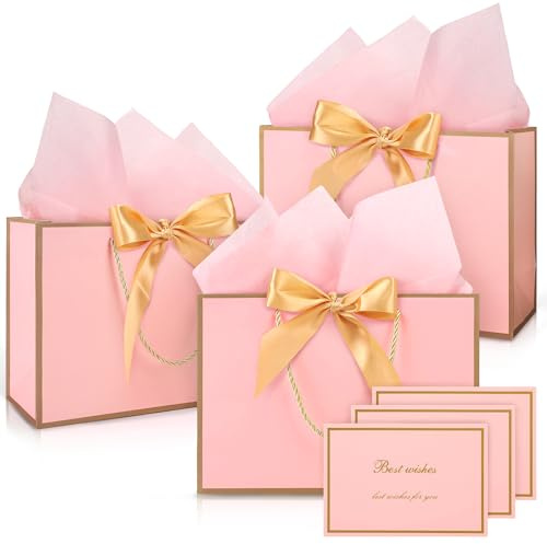 Vivantia Medium Gift Bags Set 3 Pack Pink Paper Gift Bag with Gold Edge Greeting Cards Ribbons Tissue Papers Present Bags with Handles for Gift Wrapping Birthday Wedding Baby Shower
