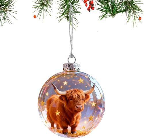 Weihnachtskugeln Wildlife Wonders Collection, 7cm Simulation Kristall Christbaumkugel aus Kunststoff, Lebendiges 3D-Tier Weihnachtsbaumkugeln, Anhänger für Innen Aussen (Hochlandkuh)