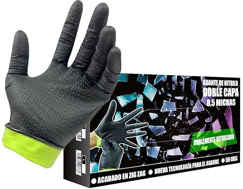 JOMAFA Guantes de Nitrilo DOBLE CAPA EXTRA GRIP ULTRA resistentes Reutilizables 8,5 micras / 10 gramos, pack de 50 (Talla M)