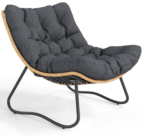 SWITTE Outdoor Wicker Papasan Egg Chair, Oversized Patio Lounge Recliner with Thick Cushion, All-Weather Comfy Chaise Chair for Balcony, Porch, Pool & Indoor Living Room-Dark Grey