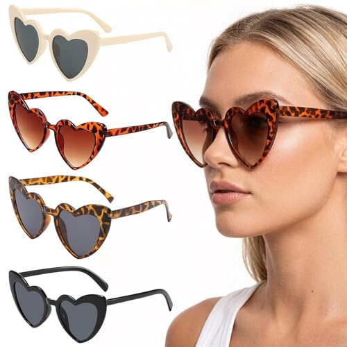 PYRUVAE 4 Pièces Lunette De Soleil Coeur Lunettes De Soleil Femme Coeur Imprimé Léopard Noir Blanc Tendance Crème Lunettes De Fête Rétro Pour Fête Voyages Costume De Mariage Accessoires