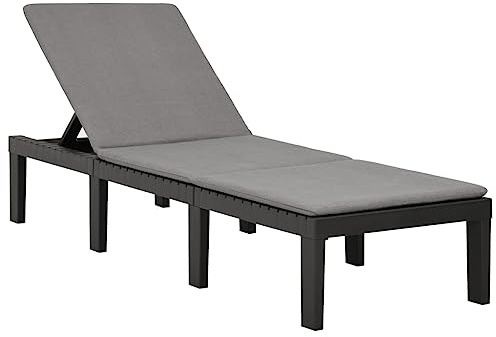 Tmriohed Lettino da giardino in plastica, con comodo cuscino, schienale regolabile in 5 posizioni, colore antracite, già montato, 195 x 65 x 32 cm