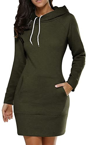 ORANDESIGNE Robe Sweat à Capuche Femme Robe Pull avec Poche Robes Casual Manche Longue Décontracté Chic Uni Mini Robe avec Poche Hoodie Grande Taille Hiver Pullover Long A Vert L