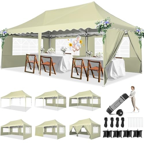 HOTEEL Pavillon 3x6 Faltpavillon 3x6 Wasserdicht Stabil, Partyzelt Faltbar Anti-UV 50+ Pop Up Gartenpavillon mit 6 Seitenwänden, 4 Sandsäcke, Tasche mit Rollen, für Hochzeiten Partys Markt,Khaki