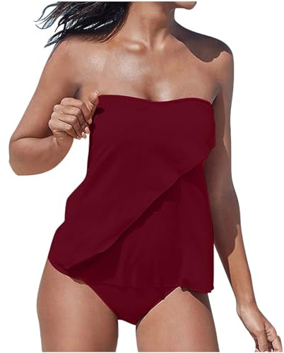 Tankini Dos Piezas Mujer 2024 Moda Traje de Baño sin Tirantes Push Up Bañador Color sólido Reductor Barriga Tankini Playa Cintura Alta Conjunto de Bikinis Vacaciones