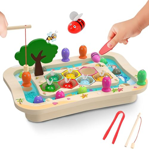 MOVEONSTEP 2 in 1 Montessori Educational Fishing Toy for Kids 3 Years Old Up - Magnetic Bee Fishing Game - Party Play Game Christmas Birthday Gift for Girls & Boys