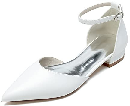 Gycdwjh Zapatos Novia Boda de Fiesta Comodos Tacón Bajo Plana Zapatos de Vestir Mujer para Boda Zapatos para Vestido de Planos Tacones,Blanca,40 EU