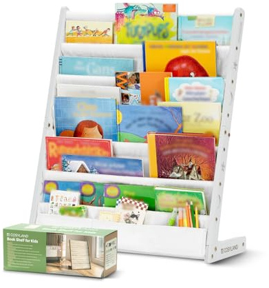 COSYLAND Libreria Montessori per Bambini Con 6 Scomparti in Tessuto Oxford - Libreria per Bambini in Legno Naturale - Libreria Montessori Con Bordi Arrotondati e Design Spazio-Saving(Bianca)