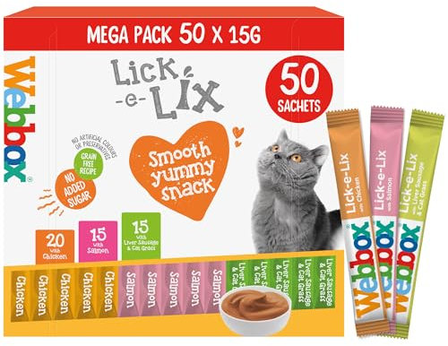Webbox Lick-e-Lix Cat Treats Variety Mega Pack - Kitten Friendly, Grain Free, No Artificial Preservatives or Colours (50 Pack)