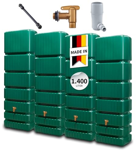 4rain Slim Wandtank-Set 1400 Liter grün - Regentonne, Regenfass, Wassertank, Regenwassertonne, Wasserfass, Regenwassertank, Wassertonnen für Garten, Wassertonne, Wasserbehälter, Fass