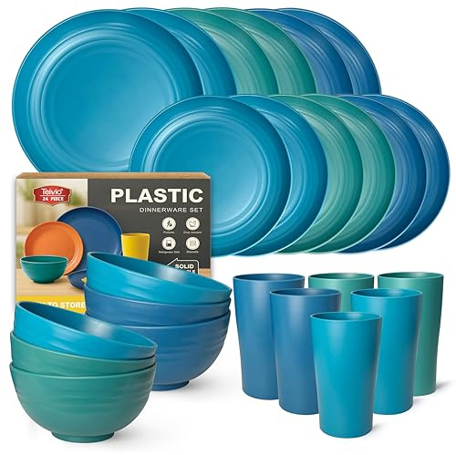 Teivio 24-Piece Kitchen Plastic Dinner Set, Service for 6, Dinner Plates, Dessert Plate, Cereal Bowls, Cups, Unbreakable Plastic Plates and Bowls Set, Outdoor Camping Dishes, Ocean