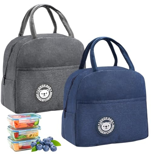 2 Piezas Bolsa Termica Porta Alimentos Pequeña 7L Bolsa Porta Alimentos,Lunch Bag,Bolso Termico Hermética e Isotérmica,Porta Fiambrera para Almuerzo, Oficina, Viaje, Pícnic o Colegio,Azul marino/Gris