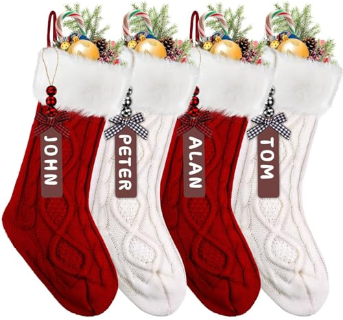 JOLCEEY 4pcs Christmas Stockings, 18 Inch Large Knit Christmas Stockings Personalized Xmas Hanging Stocking Decorations with Name Tags for Christmas Fireplace Tree Decorations