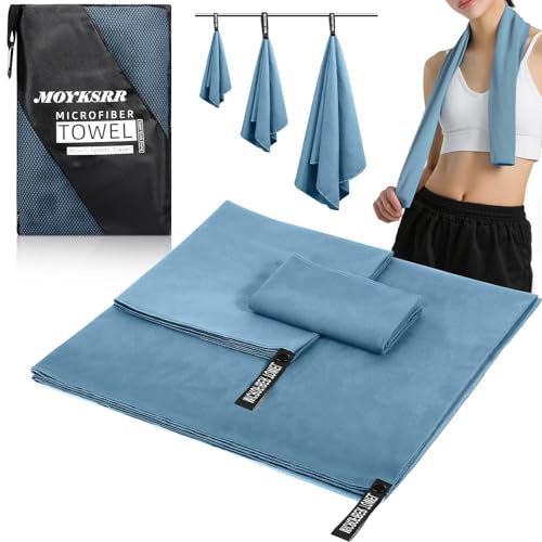 MOYKSRR Serviette Microfibre, Serviette en Microfibre, Serviettes de Voyage, Serviettes de Bain pour Le Sport, Voyages, Plage, Camping, Randonnées, Yoga(Bleu de Mer, 180x80cm+100x50cm+70x40cm)