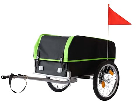 Relaxdays Rimorchio Bici Pieghevole 120 L con Copertura Antipioggia, Bandiera, 59x130x69 cm, Nero-Verde