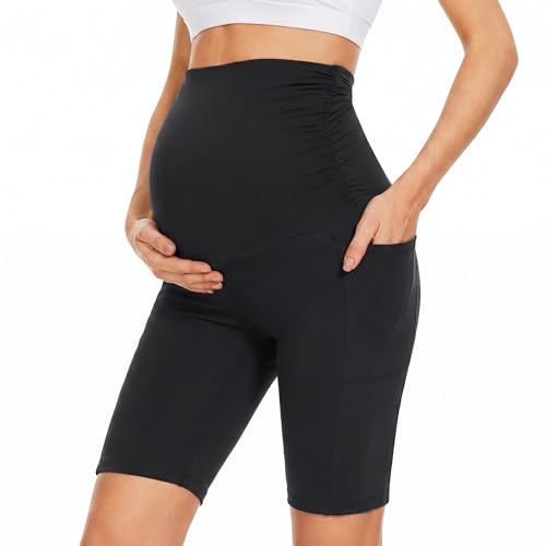 TANTOMI Legging de maternité court, mode de maternité avec poches, pantalon de cyclisme de grossesse, pantalon de grossesse, short de grossesse, short de maternité pour femmes enceintes
