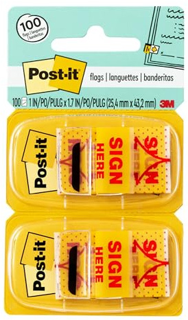 Post-it Message Flags, Sign Here, Yellow, 1 in. Wide, 50/Dispenser, 2 Dispensers/Pack, (680-SH2)